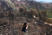 _La Maria, veïna de Paüls, observa la seva finca on viu amb gairebé la meitat del terreny cremat per l'incendi