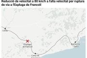 Mapa amb la reducció temporal de velocitat a 80 km/h a l'Espluga de Francolí per una ruptura de via
