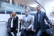 Mariano Rajoy, Xavier Garcia Albiol i Marisa Xandri, aquest divendres a La Llotja de Lleida.