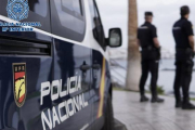 Agents de la Policia Nacional al costat d'un cotxe patrulla.