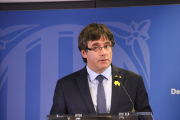 L'expresident Carles Puigdemont durant la roda de premsa a la Delegació de la Generalitat davant la UE.