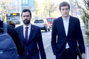 El president del Parlament, Roger Torrent, arribant a la seva primera reunió a Ginebra, amb membres de l'Alt Comissionat dels Drets Humans de l'ONU.