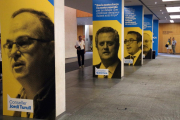 Quatre imatges dels exconsellers Jordi Turull, Quim Forn, Josep Rull i Lluís Puig durant l'assemblea del PDeCAT.