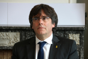 Pla curt de l'expresident Carles Puigdemont en un moment de la roda de premsa a Brussel·les el 4 de maig del 2019.