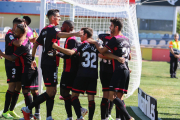 Imatge de la celebració d'un dels gols que el Reus ha marcat a l'Estadi Municipal.