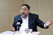 Imatge d'Oriol Junqueras durant la roda de premsa d'aquest 19 d'abril de 2019 des de Soto del Real.