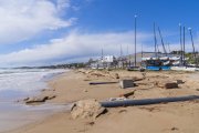 Restes de tota mena a l'arena de la platja Llarga, davant les instal·lacions del Club Marítim.