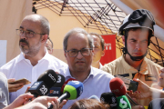 Pla mitjà del president de la Generalitat, Quim Torra, en l'atenció als mitjans de l'incendi forestal de la Ribera d'Ebre. Imatge del 27 de juny del 2019 (Horitzontal).