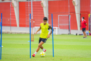 Brugui, entrenant aquest dilluns a l'annex del Nou Estadi en la primera sessió de la setmana.