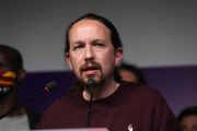 Pablo Iglesias en la sede de Unidas Podemos donde ha anunciado su retirada.