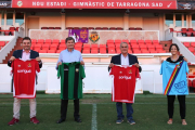 El vicepresident del Racing, Josep Acero, el president del Nàstic, Josep Maria Andreu, el president del Racing Bonavista, Jose Espejo, i la consellera del femení del Nàstic, Irene Mallol.