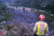 Un bomber observa la zona calcinada al barranc de Povet, al terme municipal de Tortosa.