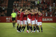 Los jugadores del Nàstic celebrando la victoria ante el Barça.