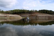 Operaris retirant peixos al pantà de Riudecanyes.