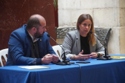 El conseller i la portaveu d'Esquerra Republicana, Xavier Puig i Maria Roig, en la roda de premsa d'ahir.