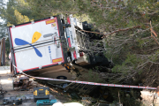 Imatge del camió accidentat a l'AP-7, al Vendrell, on ha mort una persona i tres persones han resultat ferides.