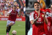 A l'esquerra, el màxim golejador del Nàstic, Pablo Fernández, i a la dreta, el capità murcià, Pedro León.