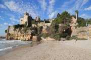 Imatge de la platja de Tamarit amb el castell de fons.