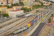 Imatge d’un tren de mercaderies al seu pas per l’estació de Tarragona.
