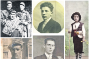 Miquel Maydeu (al fons esquerre), Andreu Blasi (a la cantonada esquerra, assegut i amb l’uniforme de ratlles obligatori dels camps de concentració), Alexandre Simó (al centre superior), Pere Baseda (al centre inferior) i Ramón Guinovart (cantonada dreta).