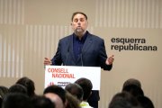 El president d'ERC, Oriol Junqueras, intervé a l'inici del Consell Nacional de la formació, aquest dissabte