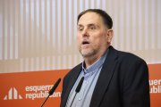 El president d'ERC, Oriol Junqueras, durant una roda de premsa a la seu del partit.