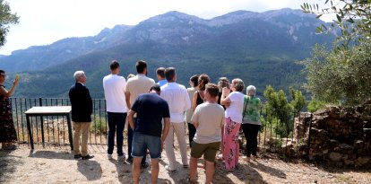 Alcaldes i autoritats del Baix Ebre observant la zona afectada de l'incendi des del castell de Paüls.