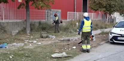 Cinc peons amb desbrossadores s’encarreguen de tallar les males herbes i recollir els residus.