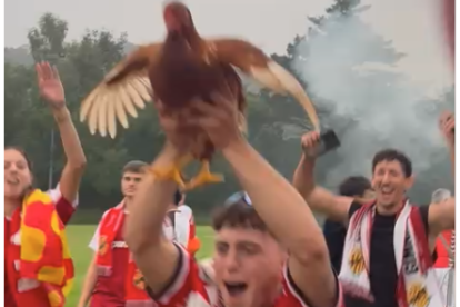 Un aficionat del Nàstic agafant la gallina