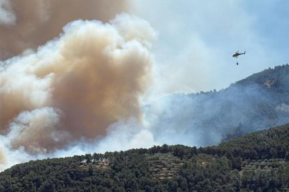 Imatge de l'incendi forestal que crema a Paüls.