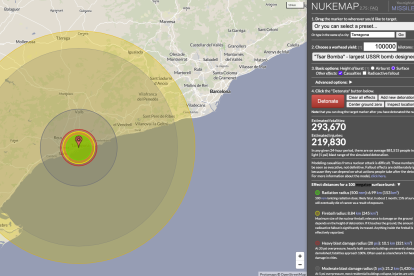 Imatge que simula l'afectació de la detonació d'una bomba Tsar, la més potent produïda mai, al centre de Tarragona.