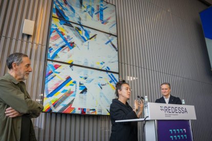 Andreu Rodríguez (New Art Foundation), l'artista Anna Carreras i Josep Baiges (Redessa), davant la creació.