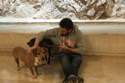 L'actor va aprofitar la seva visita a la ciutat amb el seu espectacle 'Odio' per promocionar l'adopció d'animals durant una trobada amb dues voluntàries i dos gossos de la Protectora d'Animals de Tarragona