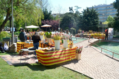 Reus ha celebrado Sant Jordi con los puestos de libros y de rosas en el parque de Sant Jordi. Se ha generado una larga cola para acceder que daba la vuelta al acceso al parque. Los visitantes recibían un número para estar un tiempo marcado dentro del recinto.