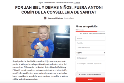 El pare d'un nen que va patir l'enterovirus crea una petició perquè Comín deixi la conselleria de Salut
