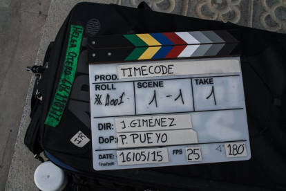 Imatge de la claqueta durant el rodatge de 'Timecode'.