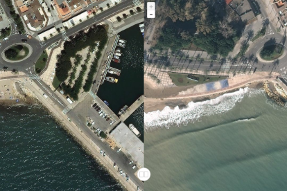 La playa de la Riera de Cambrils el año 2015, a la izquierda, y durante el día 24, a la derecha, cuando estaba prácticamente desaparecida.