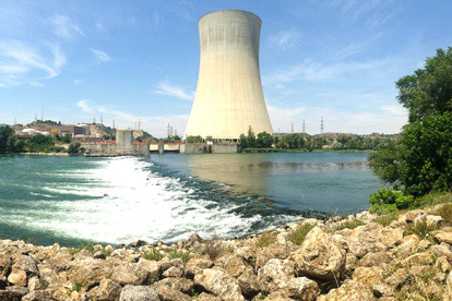 Imatge de l'assut d'Ascó amb la central nuclear al fons.