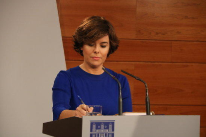 La vicepresidenta del gobierno español, Soraya Sáenz de Santamaría, este 06/09/2017 en una comparecencia en La Moncloa
