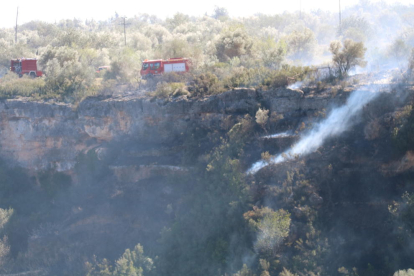 Diverses dotacions terrestres dels Bombers treballant en les tasques d'extinció del foc al barrant de Sant Antoni de Roques aquest 7 de març del 2017. Pla general