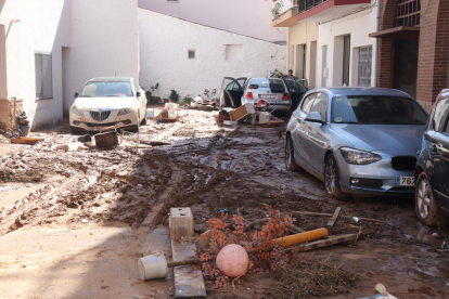 Un carrer de les Cases d'Alcanar, amb quasi un pam de fang.