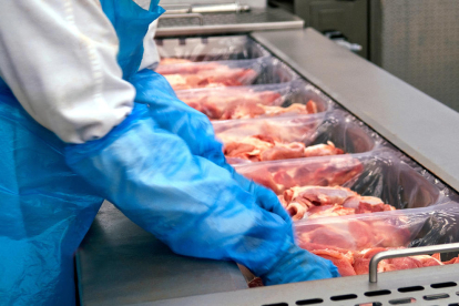 Detall d'un treballador processant carn a l'interior de les instal·lacions de Càrniques Celrà