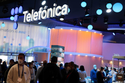Imagen del estand de Telefonica en el Mobile World Congress del 2022. en el pabellón 3 de Feria de Barcelona.
