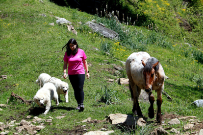 La Noèlia Moreno, ramadera de Les, amb un cavall i els gossos de protecció dels ramats.