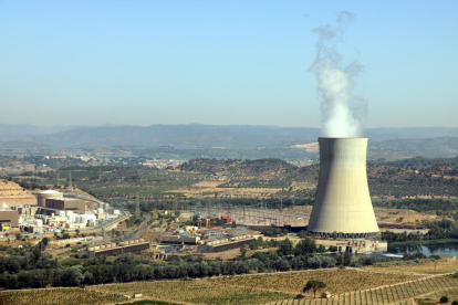 Pla general de la central nuclear d'Ascó, a la Ribera d'Ebre, amb la xemeneia fumejant a la dreta i els dos reactors a l'esquerra
