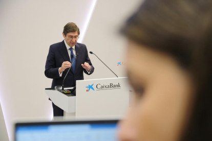 El presidente de CaixaBank, José Ignacio Goirigolzarri, durante la presentación en Madrid del Plan Estratégico 2022-2024.