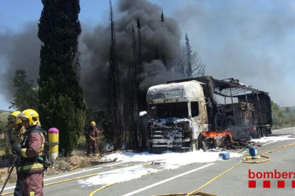 Un camió tràiler s'incendia a Rasquera i provoca un petit incendi forestal