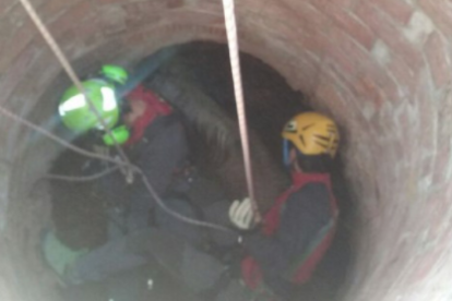 Los Bombers rescatando el animal en el interior del pozo.
