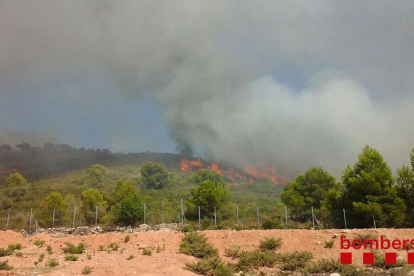 Imatge de l'incendi forestal que afecta a una zona propera a la urbanització Mas Mel a Calafell aquest 22 d'agost del 2016. Pla general