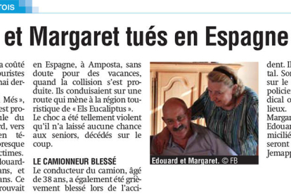 Imatge de l'article del rotatiu belga La Province, que ha desvetllat l'identitat del matrimoni mort en un accident a Amposta.